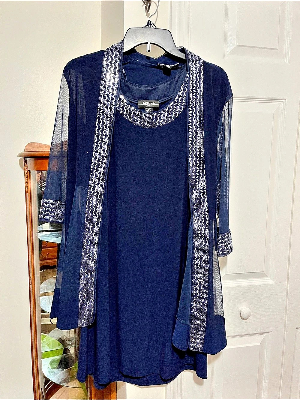 R&M Richards Sequin Trim Open-Front Jacket and Sheath Dress Set Blue